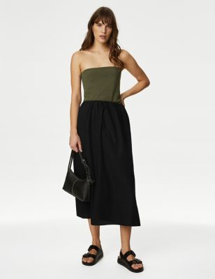 M&S Womens Pure Cotton Pleated Midaxi A-Line Skirt - 10REG - Black, Black