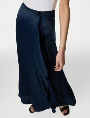 M&S Women's Satin Maxi Wrap Skirt - 10REG - Navy, Navy