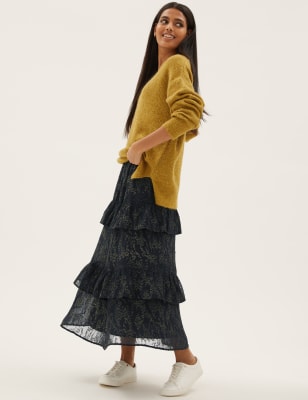 

M&S Collection Falda maxi a media pierna en capas con volante y brillosWomens - Black Mix, Black Mix