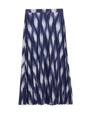 Womens M&S Collection Jersey Printed Pleated Midaxi Skirt - Navy