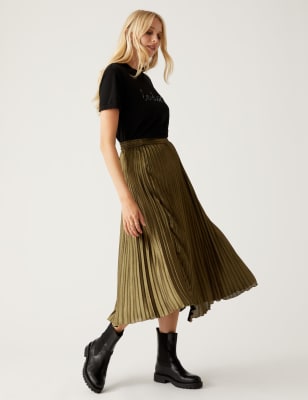 Gold foil pleated midi cheap skirt