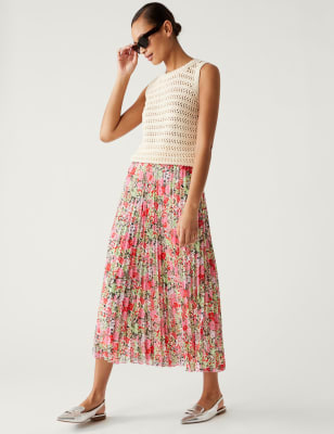 

M&S Collection Falda plisada maxi a media pierna estampadaWomens - Pink Mix, Pink Mix