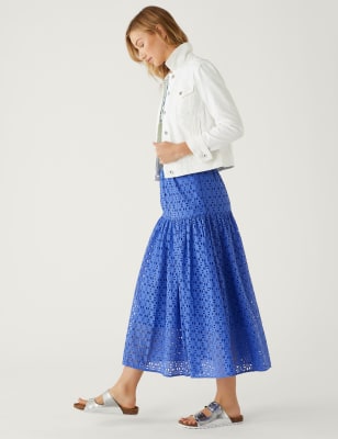 

Womens M&S Collection Pure Cotton Broderie Midaxi Tiered Skirt - Blue, Blue