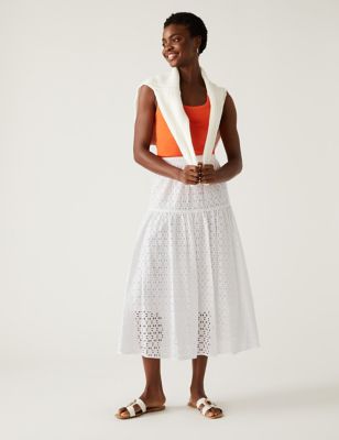 Pure Cotton Broderie Midaxi Tiered Skirt