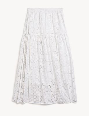 Pure Cotton Broderie Midaxi Tiered Skirt