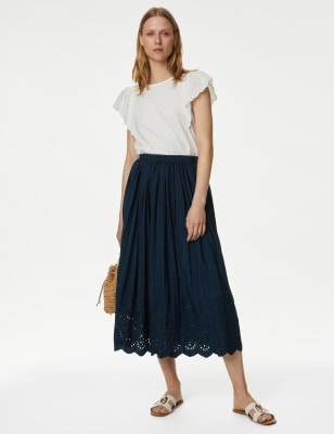 

Womens M&S Collection Broderie Pleated Midaxi Skirt - Navy, Navy