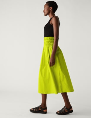 

Womens M&S Collection Gesmokter Midaxi-Skaterrock aus reiner Baumwolle - Lime, Lime
