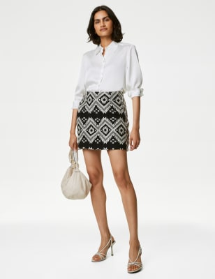 Cotton Blend Jacquard Mini A-Line Skirt