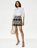 Cotton Blend Jacquard Mini A-Line Skirt