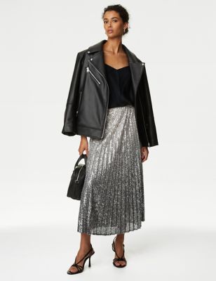 

Womens M&S Collection Sequin Ombre Pleated Midaxi Skirt - Silver, Silver