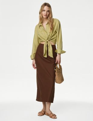 M&S Womens Linen Blend Midaxi Slip Skirt - 10REG - Brown, Brown