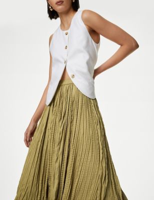 M&S Womens Textured Pleated Midi Skirt - 24REG - Onyx, Onyx,Orange