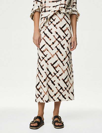 Linen Blend Printed Maxi Slip Skirt