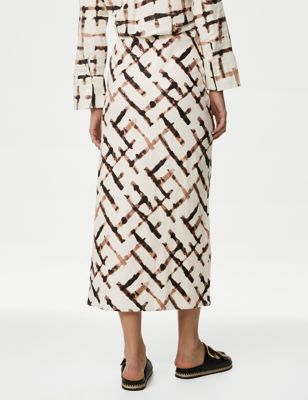 Linen Blend Printed Maxi Slip Skirt
