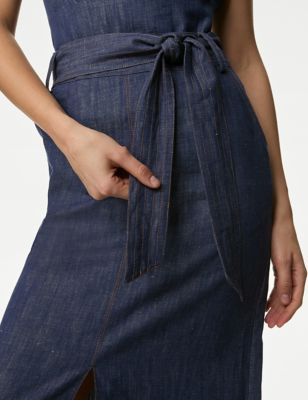 M&S Women's Denim Belted Midi Circle Skirt - 8REG - Dark Denim, Dark Denim