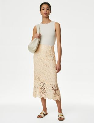 M&S Womens Cotton Rich Knitted Midi Column Skirt - 8LNG - Ecru, Ecru