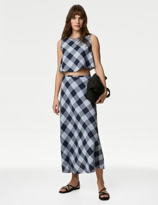 M&S Women's Linen Rich Checked Maxi A-Line Skirt - 16PET - Blue Mix, Blue Mix