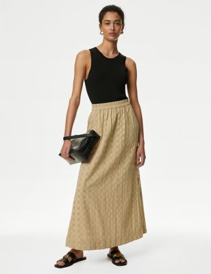 M&S Womens Pure Cotton Jacquard Check Maxi Skirt - 8LNG - Natural Beige, Natural Beige
