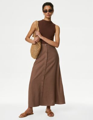 M&S Women's Linen Blend Button Front Midaxi Column Skirt - 8LNG - Soft Spice, Soft Spice