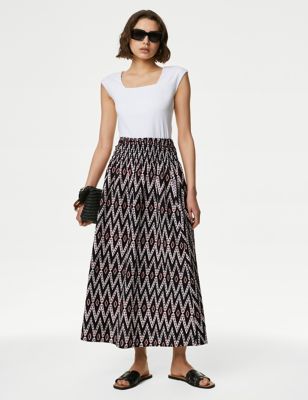 M&S Womens Pure Cotton Printed Midi A-Line Skirt - 6REG - Black Mix, Black Mix