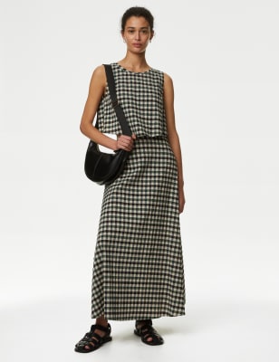 Cotton Blend Checked Maxi Column Skirt - NZ