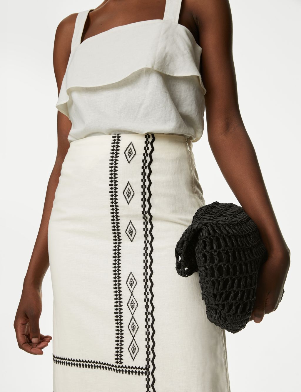 Linen Rich Embroidered Midaxi Skirt