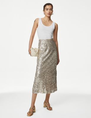M&S Womens Sequin Maxi Slip Skirt - 6REG - Champagne, Champagne,Blue