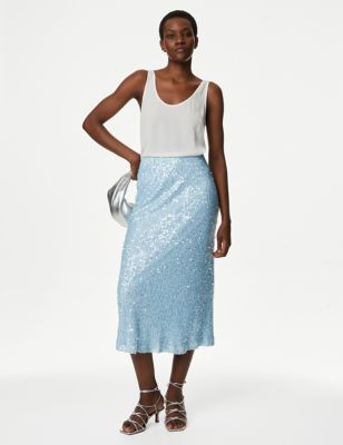 M&S Women's Sequin Maxi Slip Skirt - 14REG - Blue, Blue,Champagne