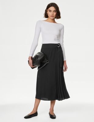 M&S Women's Pleated Wrap Detail Midaxi A-Line Skirt - 8REG - Black, Black