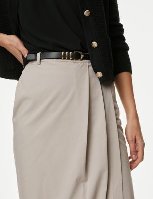 M&S Womens Pure Cotton Belted Midi Pencil Skirt - 10PET - Ivory, Ivory