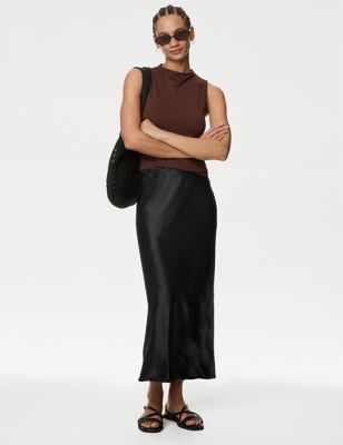 M&S Womens Satin Midaxi Slip Skirt - 14PET - Black, Black
