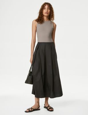 M&S Women's Pure Cotton Pleated Maxi Skirt - 8LNG - Black, Black