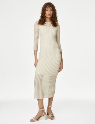 M&S Women's Textured Round Neck Midi Column Dress - 10REG - Ivory, Ivory