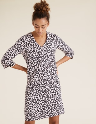 Crepe Animal Print V-Neck Shift Dress