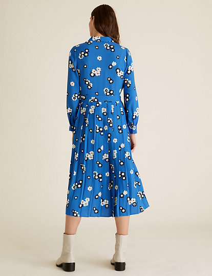 Floral Collared Tie Front Midi Shirt Dress