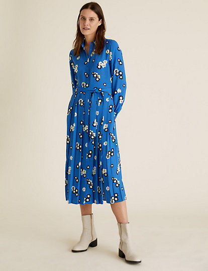 Floral Collared Tie Front Midi Shirt Dress