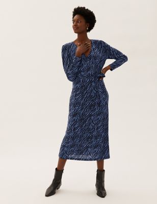 

Womens M&S Collection Jersey Animal Print Belted Midi Wrap Dress - Navy Mix, Navy Mix