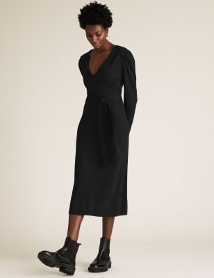 

Womens M&S Collection Jersey V-Neck Tie Front Midi Wrap Dress - Black, Black