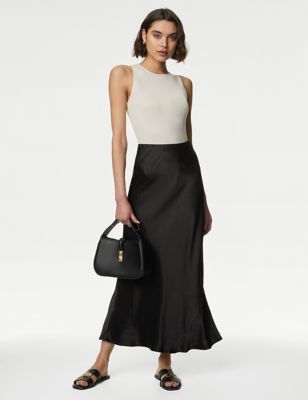M&S Womens Satin Maxi Slip Skirt - 10REG - Black, Black