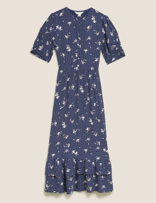 M&S X Ghost Womens Floral Ruffle Hem Midi Tea Dress - 6REG - Navy Mix, Navy Mix