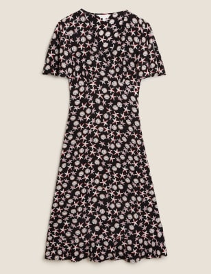 M&S X Ghost Womens Printed V-Neck Angel Sleeve Midi Tea Dress - 10REG - Black Mix, Black Mix