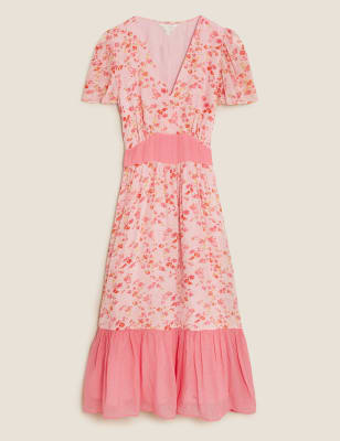M&S X Ghost Womens Floral V-Neck Angel Sleeve Midi Tea Dress - 6REG - Pink Mix, Pink Mix