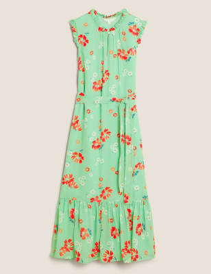 M&S X Ghost Womens Floral Tie Waist Midi Dress - 10REG - Green Mix, Green Mix