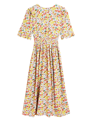M&S X Ghost Womens Floral Frill Detail Shirred Midi Tea Dress - 10REG - Multi, Multi