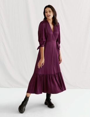 

Womens M&S X GHOST Satin V-Neck Tie Sleeve Midi Wrap Dress - Dark Purple, Dark Purple