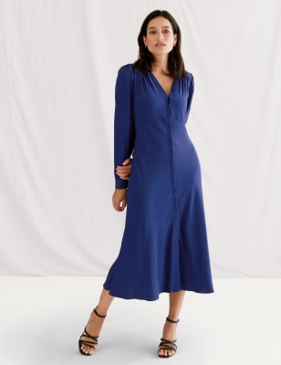 

Womens M&S X GHOST V-Neck Button Through Midi Dress - Navy, Navy