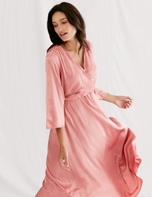 

Womens M&S X GHOST Midi-Wickelkleid aus Satin mit V-Ausschnitt - Pink, Pink