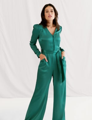 

M&S X GHOST Mono de satén de pata ancha con cinturónWomens - Dark Green, Dark Green