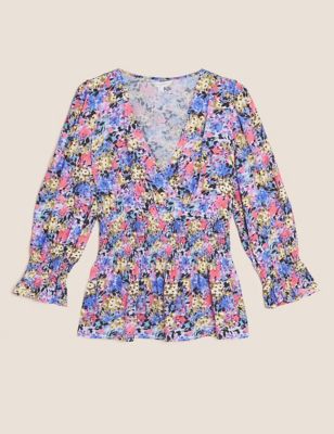M&S X Ghost Womens Floral V-Neck Shirred Puff Sleeve Blouse