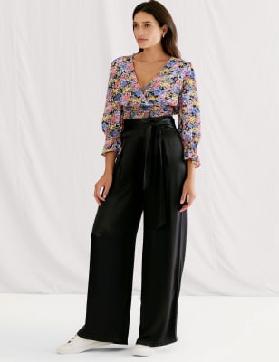 

Womens M&S X GHOST Satin Tie Front Wide Leg Trousers - Black, Black